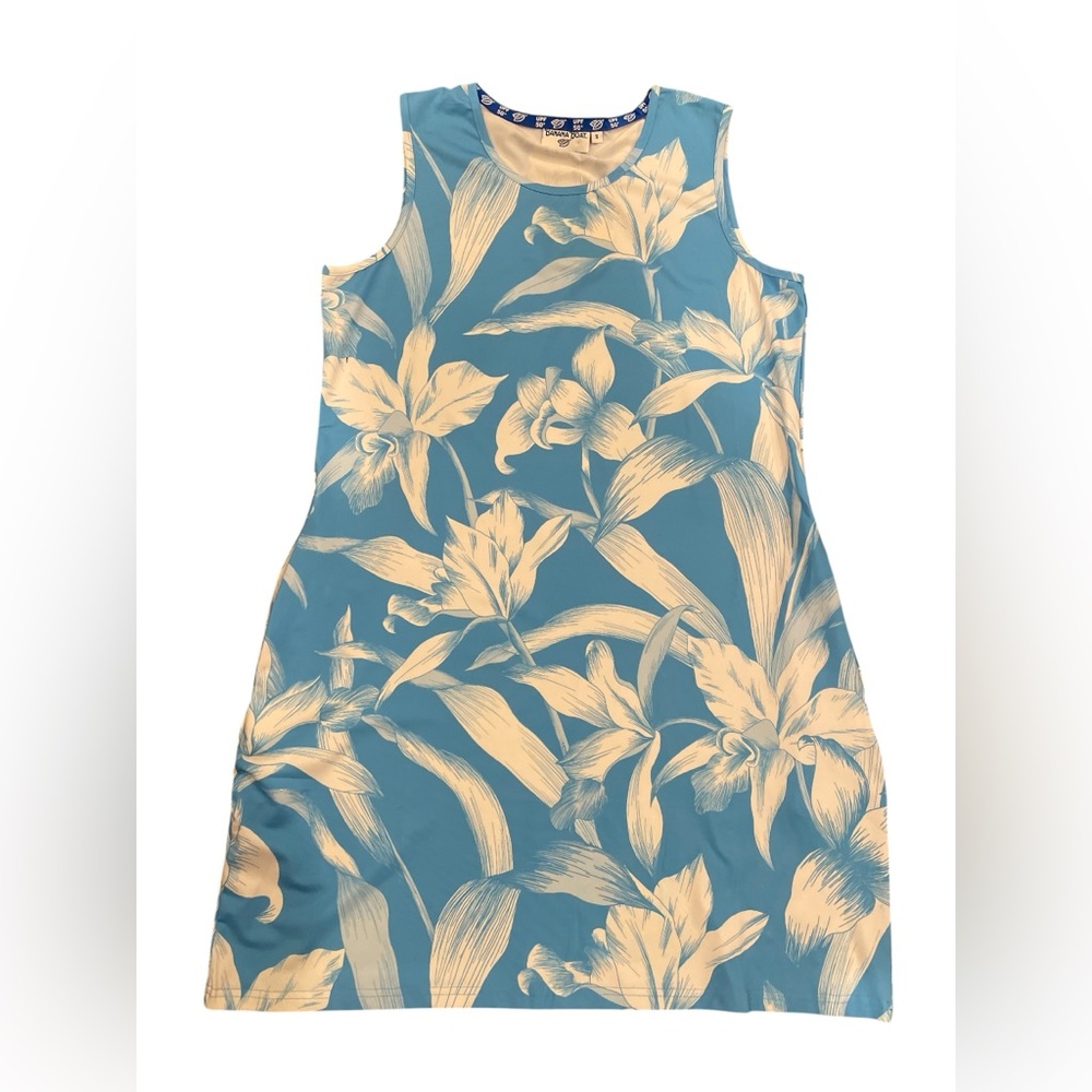 Banana Boat Midi Dress Blue and White Palm Leaves/Floral Size Small NWT